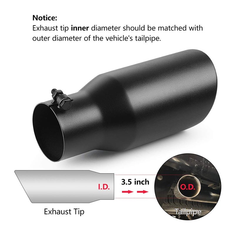 A-KARCK Exhaust Tip 3.5 Inch Inlet, 3.5" Inlet 5" Outlet 12" Long Black Coated Finish Muffler Tip For Truck Tailpipe, Stainless Steel Rolled Edge - Image 5